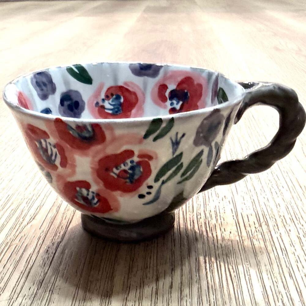 Anthropologie Perceforest Hand-Painted Floral Footed Mug with Twisted Handle